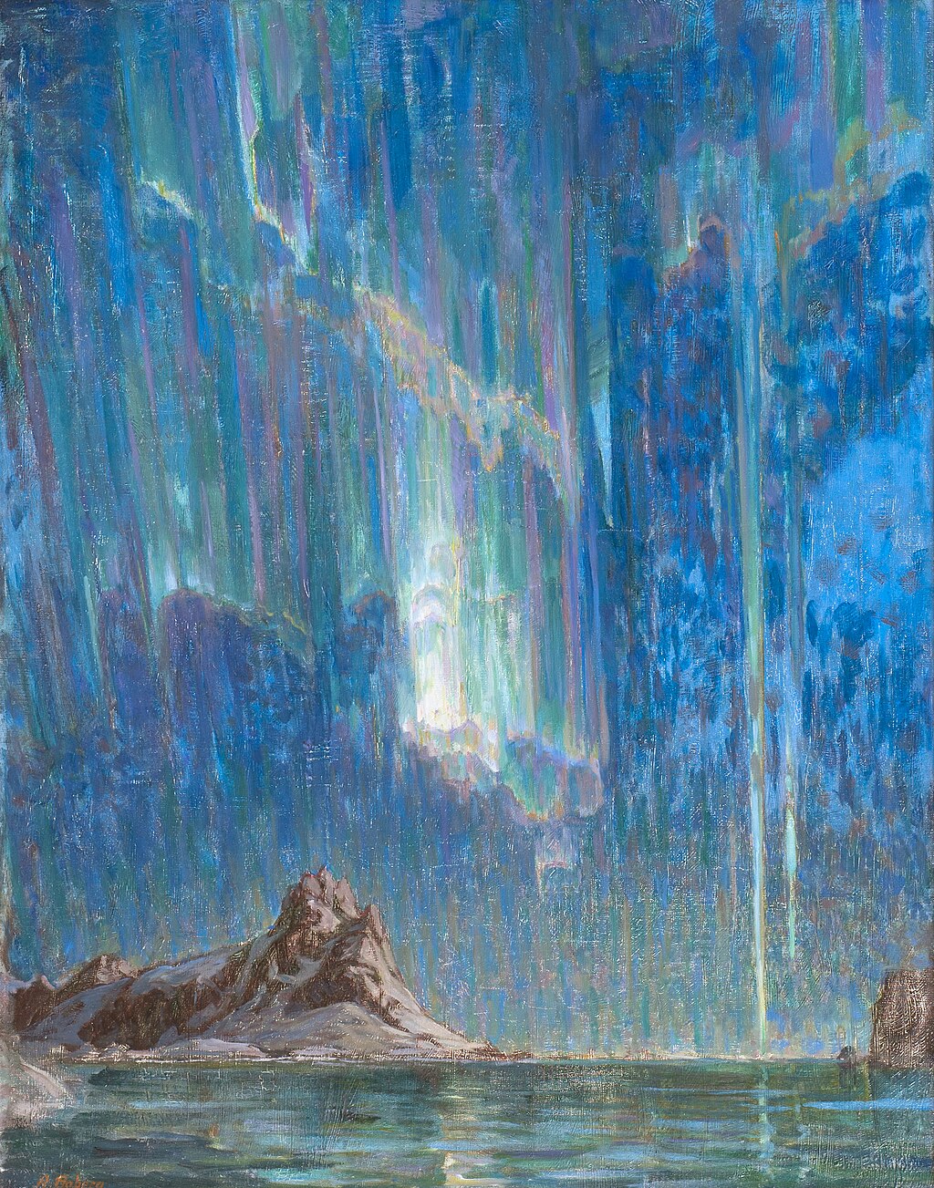 Oil painting of the northern lights by Anna Boberg, with shimmering green and blue aurora curtains cascading over snow-covered peaks and calm water