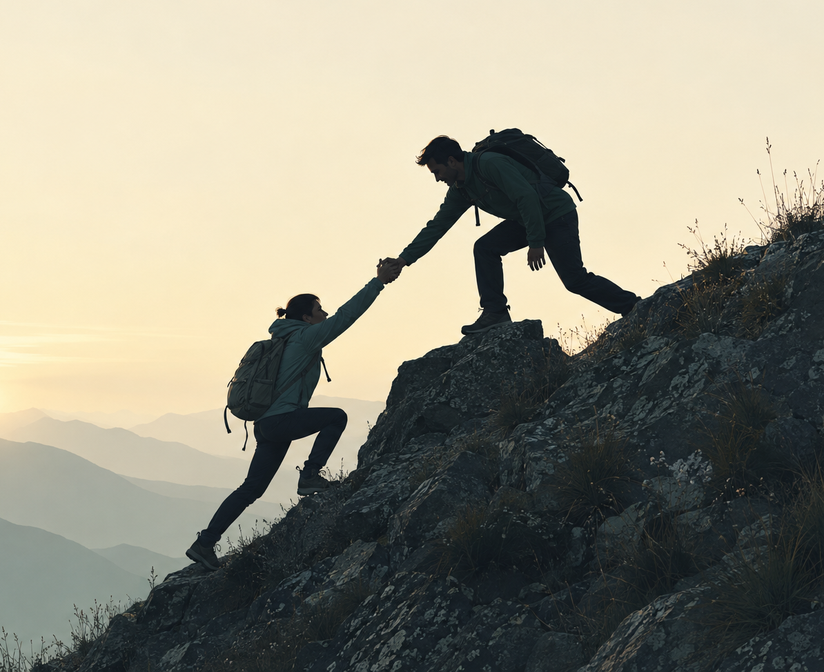 Two hikers on a steep mountain slope, one reaching down to help the other climb.
