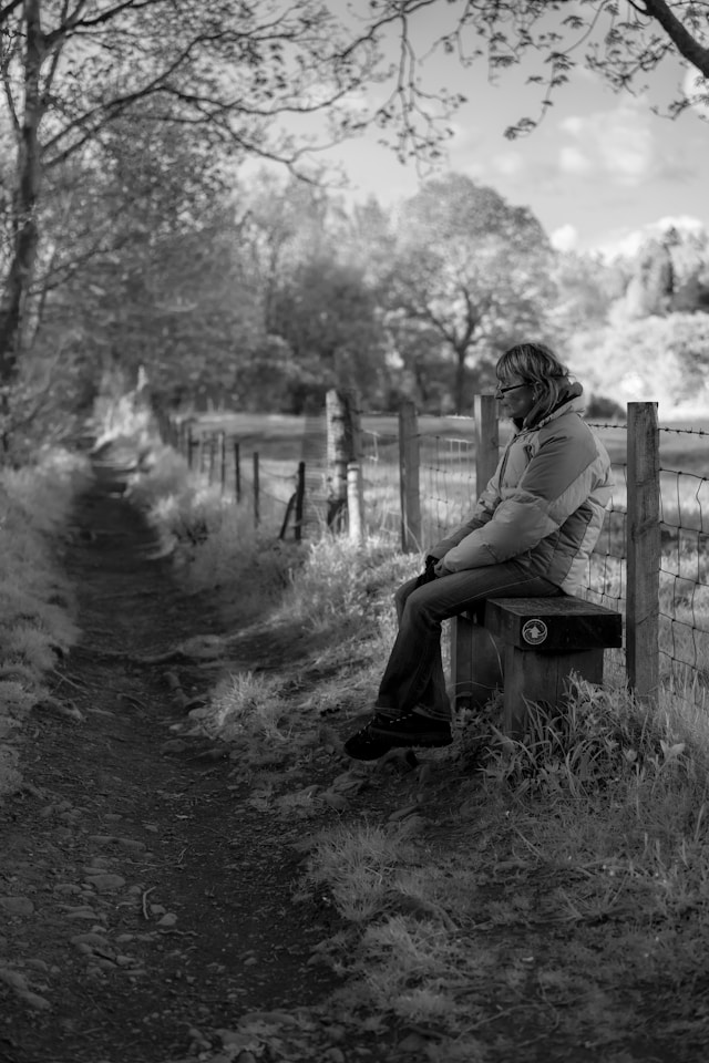Person sitting on a bench beside a rural path lined with trees and fencing